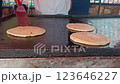 Person hands with spatula flipping artisanal pupusas on the grill. Hands preparing traditional Nicaraguan pupusas. Vendor preparing traditional grilled cheese pupusas 123646227