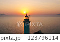 Scenic beauty of a lighthouse standing tall at sunset over the calm waters 123796114