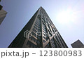 Facade of new modern multi-storey house, bottom view, close-up 123800983