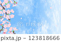 櫻花枝和花瓣在藍天中搖曳，雲彩飄過的垂直循環視頻 123818666