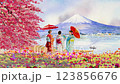 Travel cherry blossom with kimono lady and butterfly in fuji background. Watercolor painting with 3D animation rendering style. 123856676