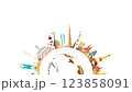 Travel landmarks around the world, vacation, sightseeing animation banner with  (4K) . Travel world heritage and world famous buildings. 123858091
