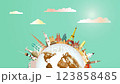 Travel landmarks around the world on green background, vacation, sightseeing animation banner with (4K) . Travel world heritage and world famous buildings. 123858485