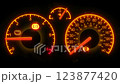 Car dashboard with multiple warning lights flashing, engine failure, oil leak 123877420