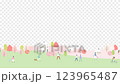 Spring cityscape with falling cherry blossom petals. Town animation. Transparent background. 123965487