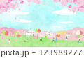 Cherry blossom petals falling in the blue sky. Animation of towns and people. Spring cityscape. 123988277