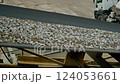 Crushed gravel and sand being transported on a conveyor belt at a construction site. View of the conveyor system with a truck in the background 124053661