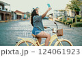 woman, selfie, bicycle 124061923