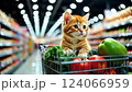 貓咪坐在一輛裝滿新鮮農產品的推車上 124066959