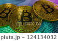 Crypto finance and multicolored bitcoin background at the 3d digital animation 124134032