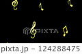 Golden treble clef and musical notes. Animation rotation 3D musical symbols on black background. Musical notation symphony signs, notes for sound tune music. 4k Video motion graphic is looped 124288475