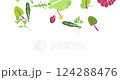 Flying from above salad leaves becomes pile. Animation set green red raw leaves on white. Arugula, spinach, lettuce leaf, watercress. Organic ingredients for cooking healthy food. 4K video graphic 124288476