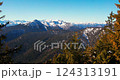 Majestic mountain landscape with deep valleys and snow-capped peaks under clear blue sky in winter setting 124313191