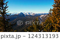 Stunning mountain view captures vast landscape of towering peaks and lush forests in clear blue skies 124313193