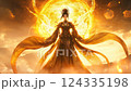 黄金に輝く太陽を背にした神秘的な女神 124335198