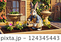 rabbit gardener takes care of flowers in the garden 124345443