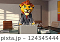 3d cartoon lion speaks at conference 124345444
