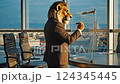 anthropomorphic lion businessman in suit taking notes in office on transparent board 124345445