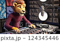 3d cartoon lion in a sweater radio host at the control panel 124345446
