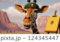giraffe in green beret speaks against savannah background 124345447