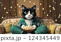 cat in pajamas with popcorn sitting on the couch 124345449