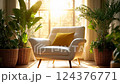 White Armchair and Lush Greenery in Sunlit Room 124376771