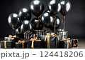 video of gift boxes with balloons on black background, shopping, sale, present, holiday, surprise, party, celebration 124418206