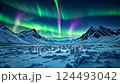 Majestic northern lights dance over snowy mountain landscape in pristine arctic night sky 124493042