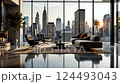 Cozy urban living room with city skyline at sunset and fireplace ambiance 124493043