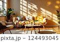 Sunlit modern living room with vibrant decor and cozy ambiance 124493045