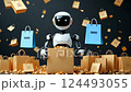 Robot surrounded by falling shopping bags and gifts in modern retail concept 124493055