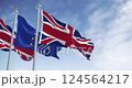 Flags of United Kingdom and the European Union waving in the wind. Seamless 3d render animation. Slow motion loop. Selective focus. 124564217