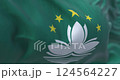 Close-up of Macau flags waving in the wind. Green area, lotus flower center, 5 stars atop, stylized bridge and waters below. Seamless 3d render animation. Slow motion loop. Selective focus. 124564227