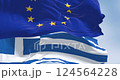 Close-up of Greece national flag an the European Union flag waving in the wind. Seamless 3d render animation. Slow motion loop. Selective focus. 124564228