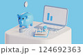Money save or investment concept. Growth and accounting of savings. Coins fly into blue piggy bank, laptop displays graph with growing columns, writing in notebook with pencil. 4k footage 3d render. 124692363