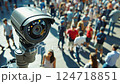 Modern sulveillance camera mounted high scanning crowded city square 124718851