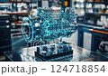 Complex engine part design hologram floating over blueprint being projected in augmented reality, showcasing innovative automotive engineering and futuristic manufacturing process 124718854