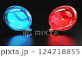 3D render of two speech bubbles, one blue and the other red, on a black background. Both bubbles have a glossy surface and rounded shapes, representing communication 124718855