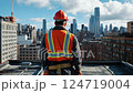 Roof inspection worker, safety gear, checking shingles, urban rooftop view 124719004