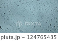 Clear water droplets scattered across a glass surface with a soft blue sky behind. A calm, minimalistic shot ideal for backgrounds 124765435