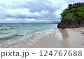 Serene Tropical Beach With Gentle Waves, Lush Green Cliffside, And Cloudy Sk 124767688