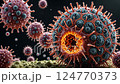 A group of viral particles with detailed surface structures and protruding spikes, set against a textured background. The image suggests a microscopic view of pathogens or diseases. 124770373