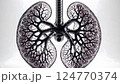 A 3D rendering of stylized lungs with a metallic texture and intricate branching patterns. The image explores medical technology and artificial organs. 124770374