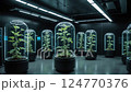 A series of plants, cultivated in glass enclosures within a modern laboratory. The image conveys a sense of scientific research and controlled gro 124770376