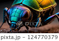 An iridescent beetle, with detailed eyes and a colorful exoskeleton, set against a blurred background. The design suggests a macro study of insects. 124770379