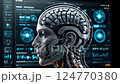 A robot head with detailed mechanical features, set against a digital screen with data displays. The design suggests artificial intelligence and future technology. 124770380