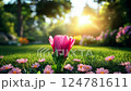 Spring Blooms Magical Flower Garden at Sunset - Nature Background 124781611