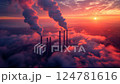 Industrial Sunset Power Plant Emissions at Dawn - Air Pollution Concept 124781616