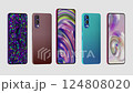 Five Smartphones Displaying Vibrant Alternating Designs in a Sleek Rotational Layout, 3D animation 124808020
