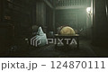 Eerie study room featuring a globe, old furniture, and a ghostly presence 124870111